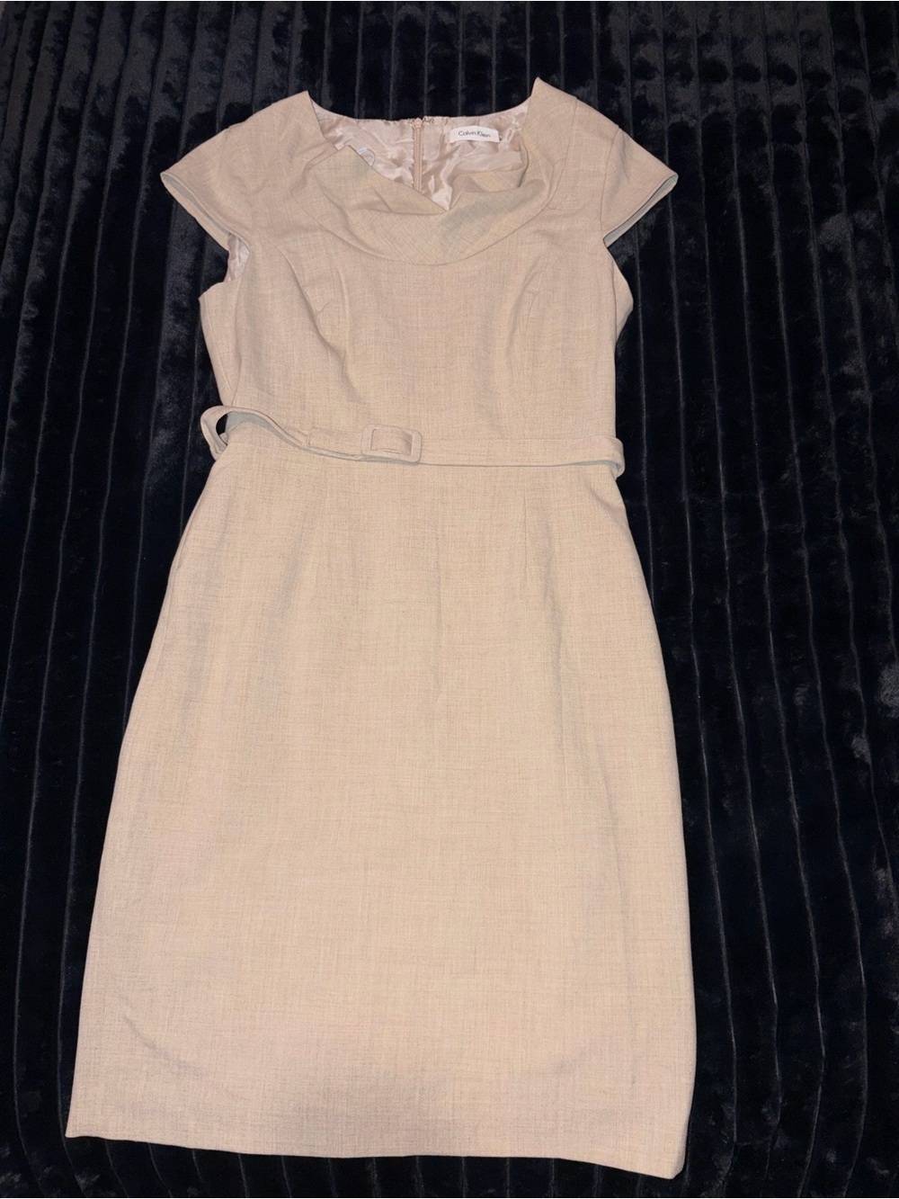 Calvin Klein Beige Midi Sheath Dress with Waist Belt